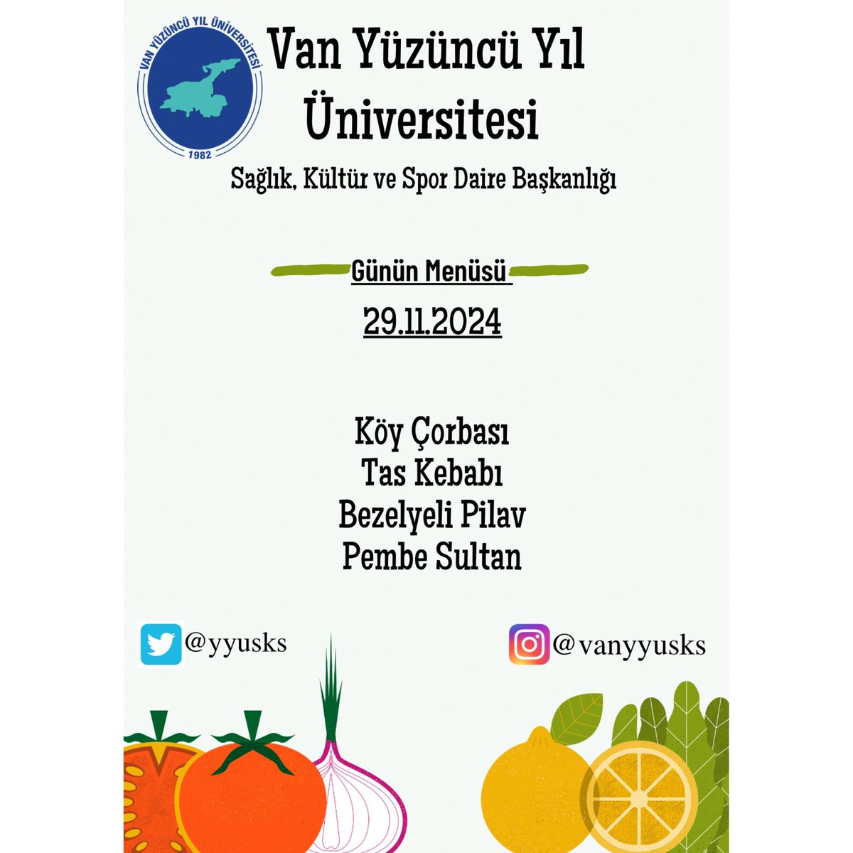 Günün Menüsü 

~Köy Çorbası 
~Tas Kebabı 
~Bezelyeli Pilav 
~Pembe Sultan

Afiyet olsun.