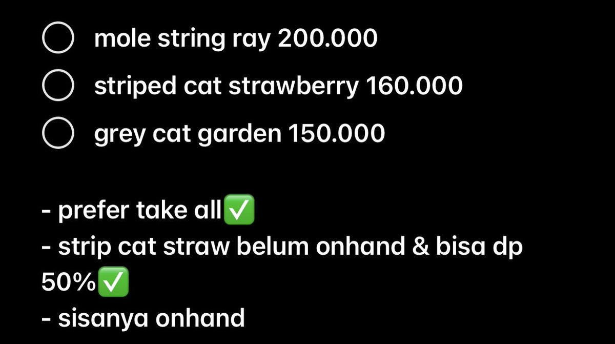 wts sylvanian mole stringray, striped cat strawberry, grey cat garden

- prefer take all✅ 
- strip cat straw belum onhand &amp; bisa dp 50%✅
- sisanya onhand

want to sale lfb