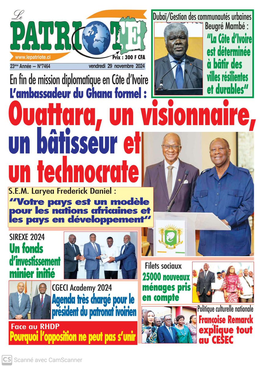 Le Patriote n°7464 du Vendredi 29 Novembre. 2024 - En fin de mission diplomatique en Côte d'Ivoire : L'ambassadeur du Ghana sous le charme de Ouattara, "un visionnaire, un bâtisseur et un technocrate" !
<a href="/AOuattara_PRCI/">Alassane Ouattara</a> <a href="/DRhdp/">RHDP CÔTE D'IVOIRE</a> #Ghana <a href="/DrBeugreMambe/">Dr Beugré Mambé</a> <a href="/cgeci_academy/">Cgeci Academy</a> <a href="/SIREXE_Expo/">SIREXE</a>
