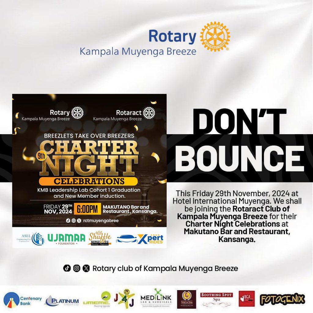 MuyengaBreeze's tweet image. 🚨Don’t Bounce🚨

Don’t bounce today at Hotel International Muyenga, we are joining our baby club for their charter night at Makutano (kansanga) &amp;amp; a fun day out. Join us for this  memorable evening. 

#CowBoyClub 
#Breezers