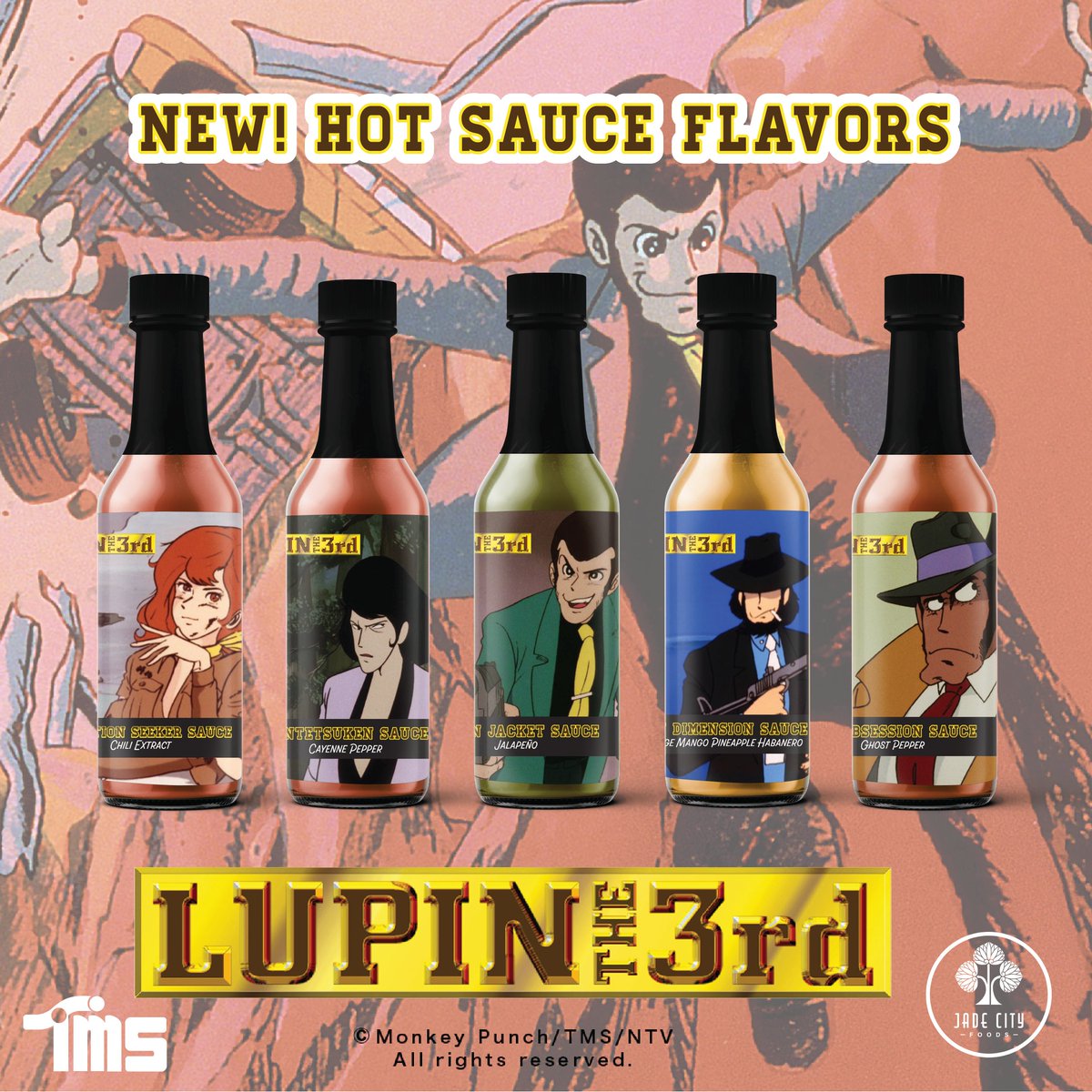 jadecityfoods's tweet image. 🎉 Calling all LUPIN THE 3rd fans! The LUPIN THE 3rd Hot Sauce Series is here! 🌶️🔥 Exclusive from Jade City Foods. jadecityfoods.com @tmsanime 

💼 Green Jacket Sauce – Jalapeño (Heat: 3/10)
Sharp, smooth, &amp;amp; unpredictable, just like Lupin.
🔫 New Dimension Sauce – Orange…