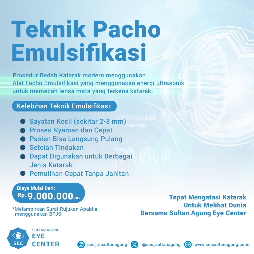 sec_sultanagung's tweet photo. enapa memilih Pacho Emulsifikasi di Sultan Agung Eye Center?
✔️ Prosedur aman dan efisien
✔️ Penglihatan lebih jelas dengan waktu pemulihan yang cepat
✔️ Didukung oleh dokter spesialis mata berpengalaman

#PachoEmulsifikasi #Katarak #SultanAgungEyeCenter #Semarang #SehatMata https://t.co/sM3FF4TdM6