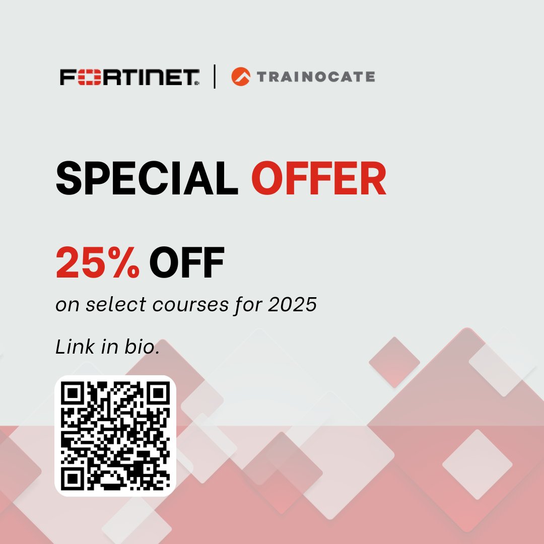 TrainocateM's tweet image. 🔐 Advance your cybersecurity skills with Fortinet’s NSE program—8 levels of flexible training.

💥 Special Offer 2025: 25% OFF select courses!
📅 Learn more: bit.ly/499cjSG
#FortinetTraining #CybersecuritySkills #TrainocateMY