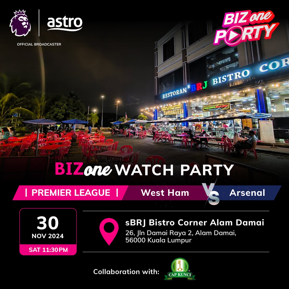 astroonline's tweet photo. Join us for the ultimate #BizOne #WatchParty and catch West Ham vs Arsenal LIVE on the big screen. 🙌 Hosted by @alifhadi &amp; @keanuazman, it’s going to be an electrifying night! ⚽🔥

The first 100 Astro customers get FREE drinks and snacks! https://t.co/EigWIkWSaI