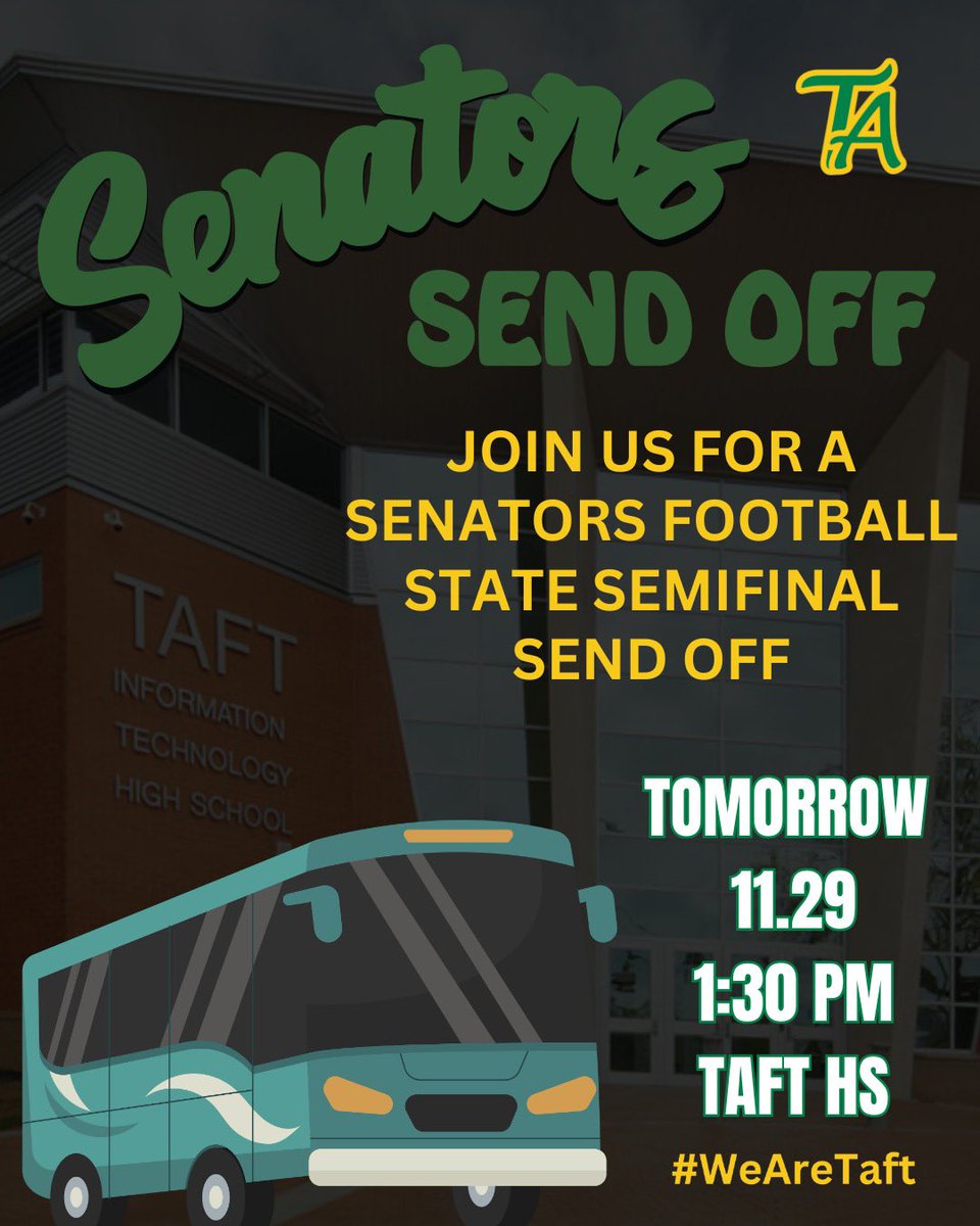 Join us tomorrow at Taft High School to send off our football team to the STATE SEMIFINALS! Let’s line the streets of Ezzard Charles and cheer them off to Columbus! 

See you tomorrow!! 💛💚

<a href="/iamcpsathletics/">IAMCPSATHLETICS</a> <a href="/IamCPS/">I Am CPS</a>