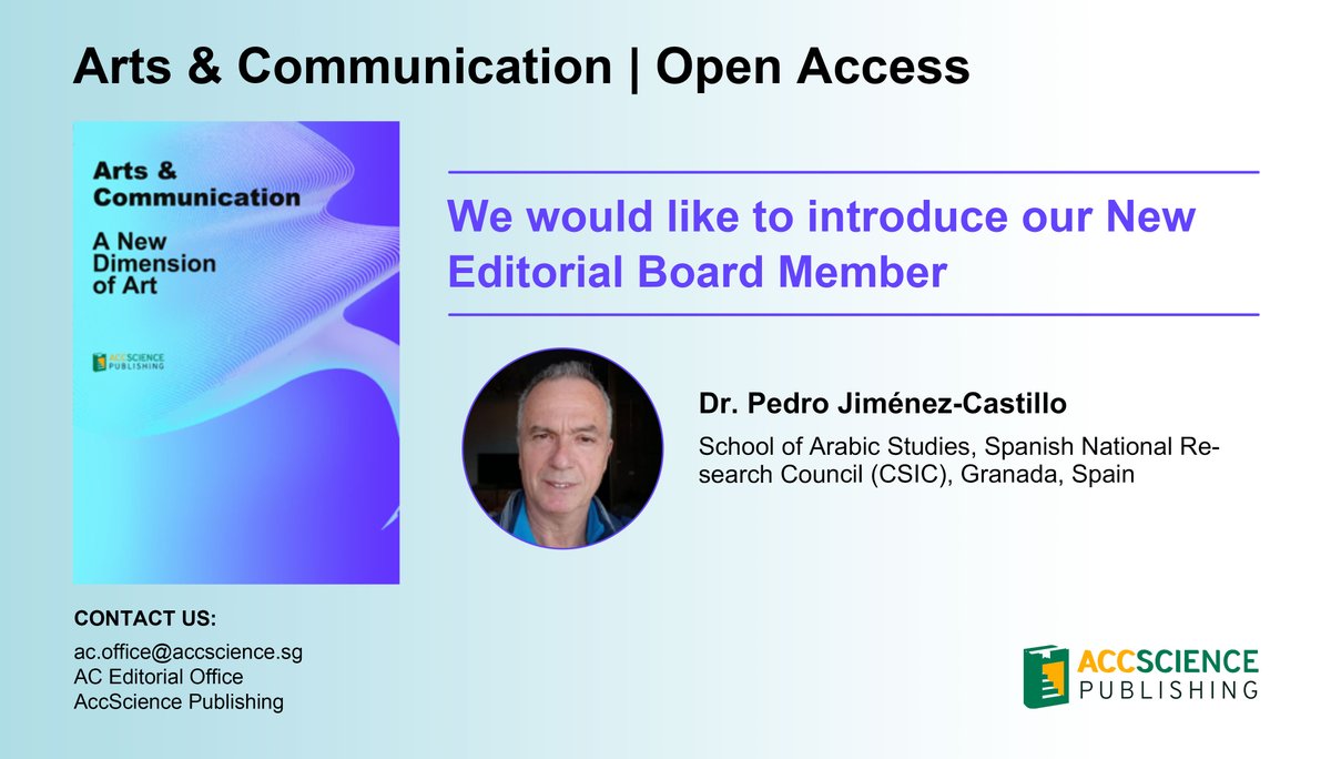 Arts & Communication (@ac_asp_) on Twitter photo 🥳🥳🥳Dr. Pedro Jiménez-Castillo Appointed Editorial Board Member of Arts & Communication.
accscience.com/journal/AC/abo…
<a href="/AccscienceAsp/">AccScience Publishing - ASP</a> #Arts #openaccess 🥳🥳🥳Dr. Pedro Jiménez-Castillo Appointed Editorial Board Member of Arts & Communication.
accscience.com/journal/AC/abo…
<a href="/AccscienceAsp/">AccScience Publishing - ASP</a> #Arts #openaccess