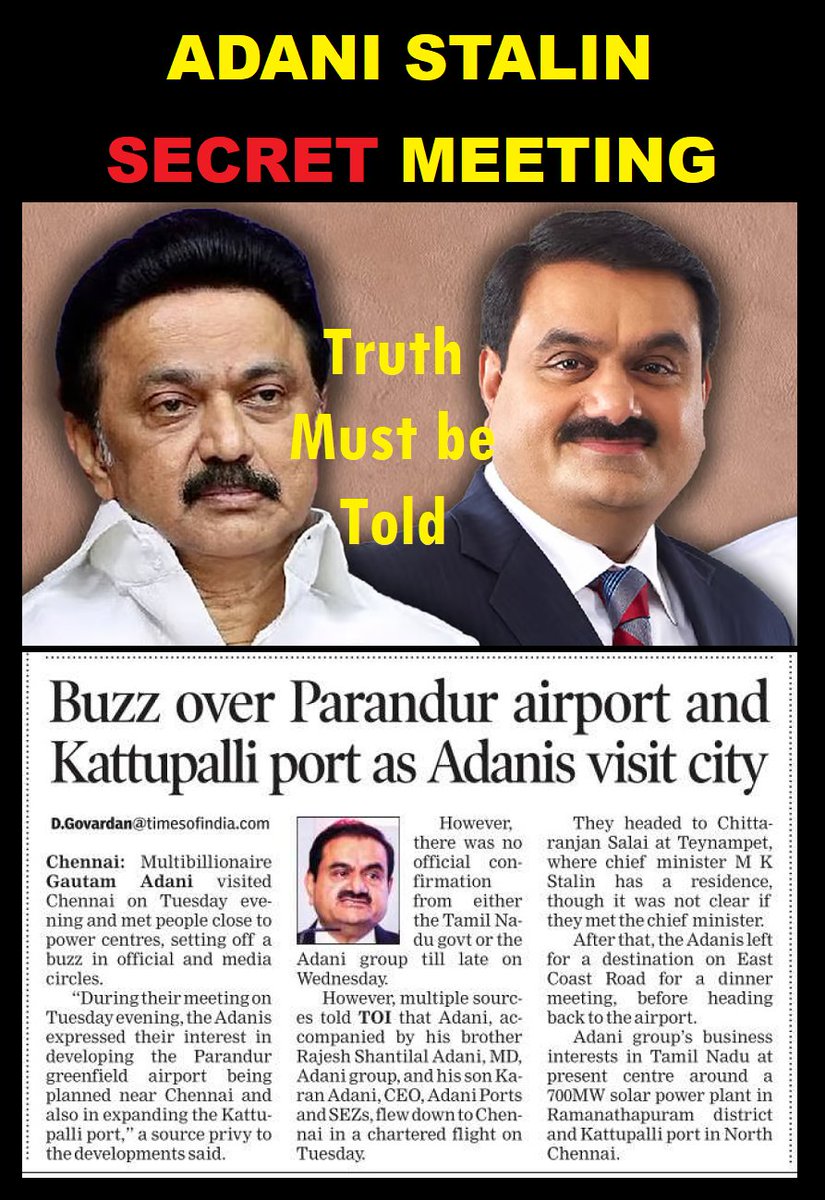 MaKaStalin's tweet photo. அதானி–ஸ்டாலின் ரகசிய சந்திப்பு எதற்காக?

1. மின்கட்டணத்தை அதிகமாக்க
2. ரூ.3000 கோடி விசாரணையை தடுக்க
3. காட்டுப்பள்ளி துறைமுகத்தை விரிவாக்க
4. பரந்தூரை அதானிக்கு கொடுக்க
5. Pumped Storage மின் கட்டணத்தை அதிகரிக்க
6. SECI ஊழலை மூடி மறைக்க
7. இவை அனைத்தும்

#AdaniStalinSecretMeet https://t.co/5q7B7Felkt