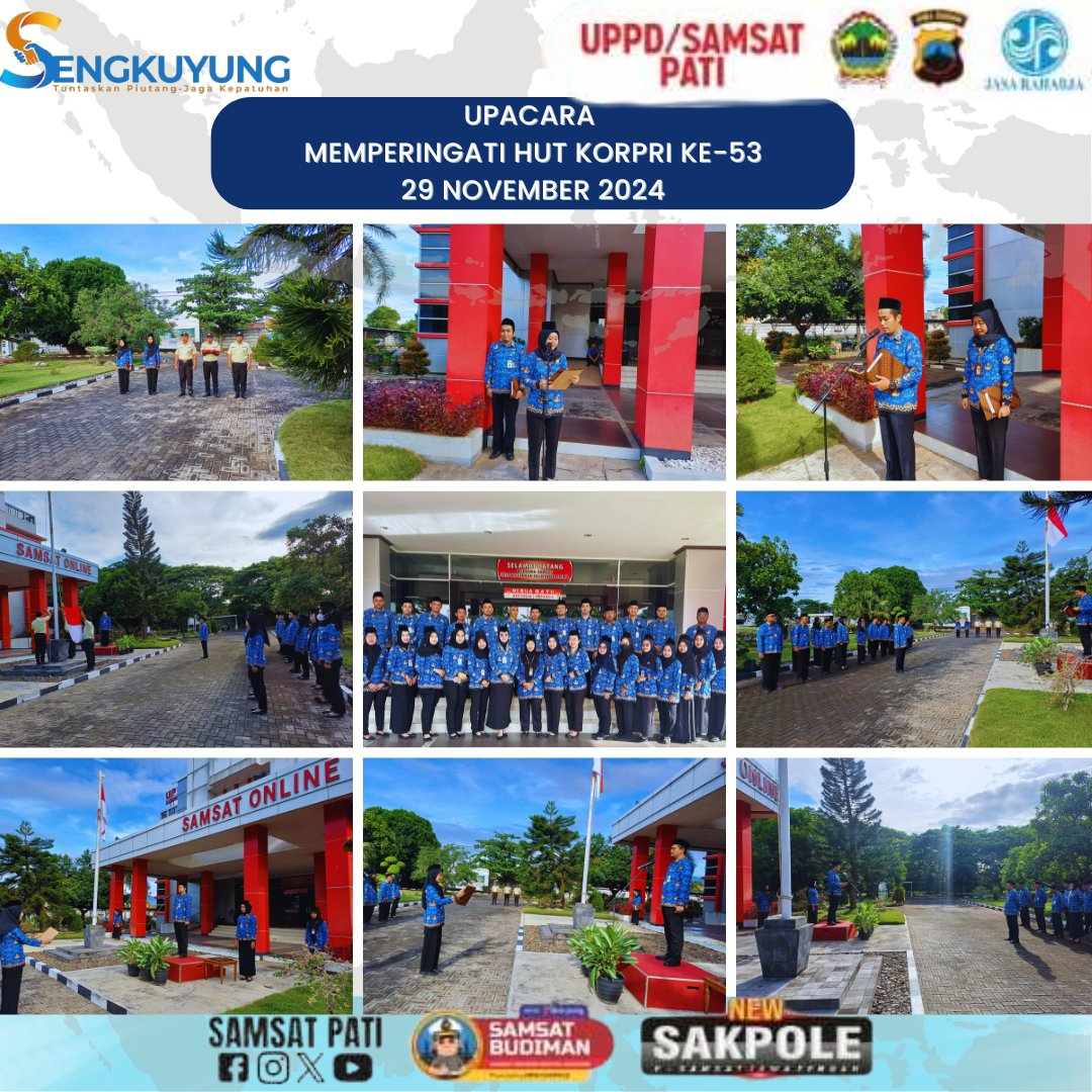 Upacara Mmemperingati HUT KORPRI KE-53 yang dilaksanakan di halaman kantor UPPD Kabupaten Pati pada Jum'at 29 November 2024 diikuti oleh Seluruh Pegawai UPPD/SAMSAT Kabupaten Pati dan Dinas Pertanian dan Perkebunan Kabupaten Pati.