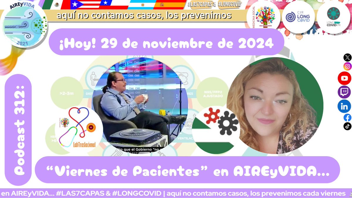 AIREyVIDA2021's tweet photo. 📶 ¡Hoy! 29 de noviembre de 2024 

🧡 "Viernes de Pacientes" en AIREyVIDA... #LAS7CAPAS &amp; #LONGCOVID 

🗣️ @JaimeAcevedoMD conversa con @Floussy1 de @AndaluciaCovid 📡 en vivo y en directo 🌎 ¡y en español! 🇲🇽2pm/🇵🇷4pm/🇨🇱5pm/🇦🇷5pm/🇪🇸9pm 

PODCAST 312: 
📺🔗https://t.co/Fc3864IEzJ https://t.co/ULgEaUbmyW