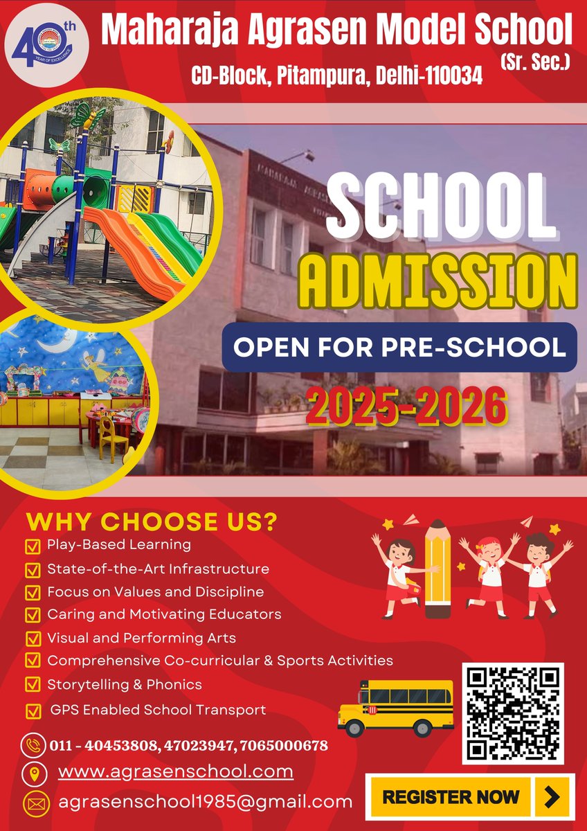 Admissions Open at MAMS, Pitampura! Are you ready to give your little one the perfect start? Enroll now for Pre-School Admissions at MAMS. Limited seats available.
📞 40453808, 47023947, 7065000678
📧 agrasenschool1985@gmail.com 
🌐 agrasenschool.com
📋 Register Online -