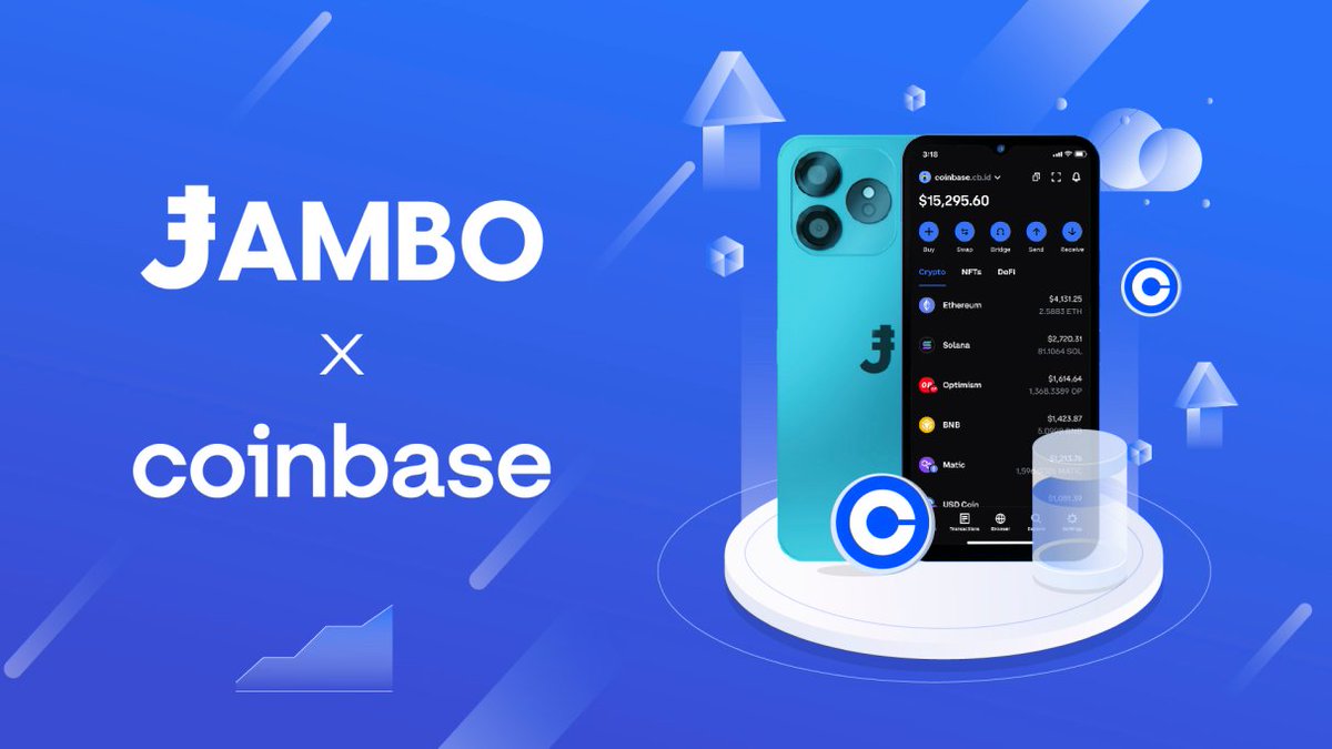 HUGE NEWS! Jambo and @coinbase are partnering to revolutionize access to  mobile devices and onchain services in Africa, Asia, and South America! 🌍  JamboPhones now come with @coinbasewallet BUILT-IN! 📱 This is