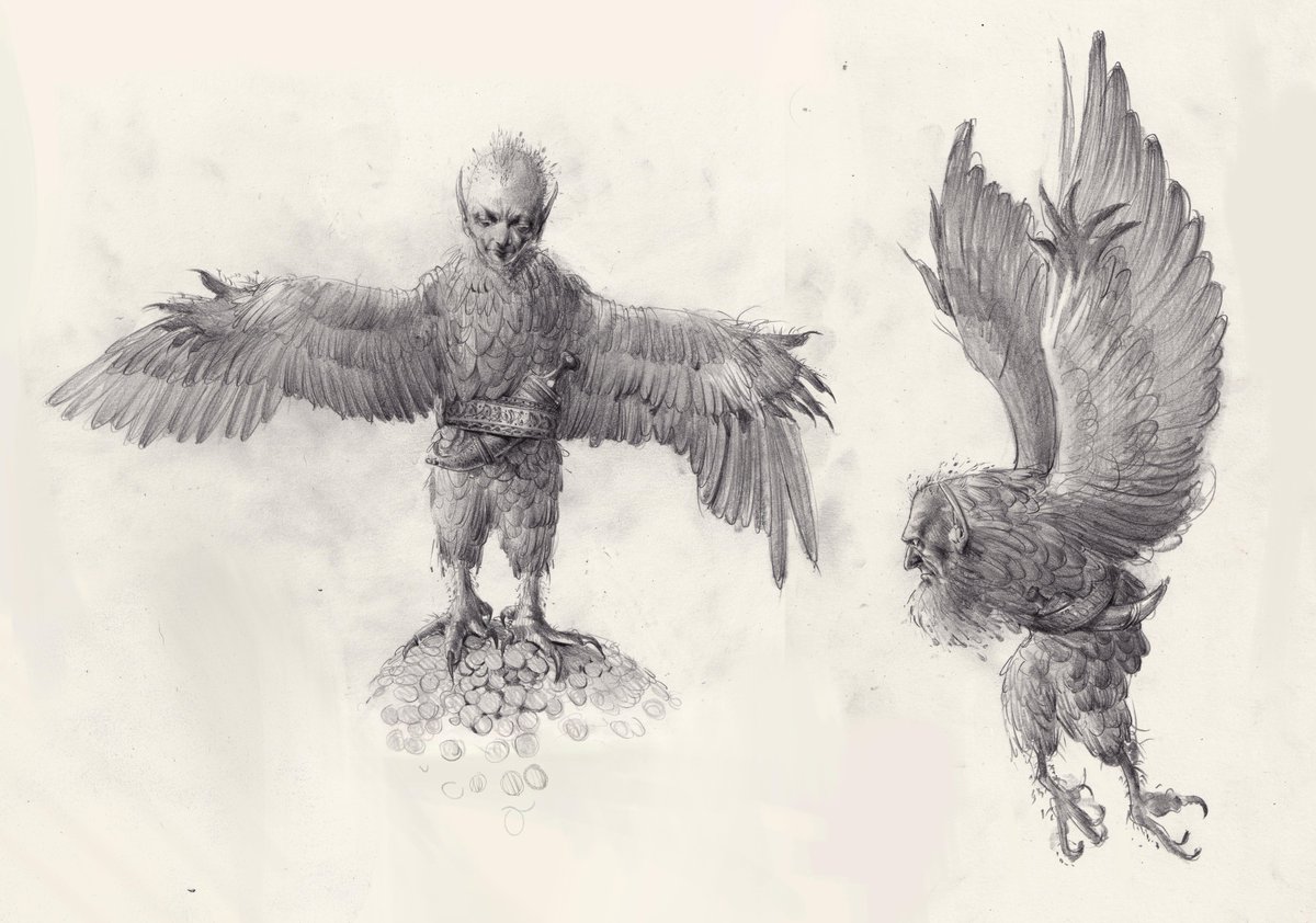'Harpies' 
Graphite on paper
Greedy and reclusive, they go around stealing treasures for their own pleasure. They carry around a small but thick blade for protection