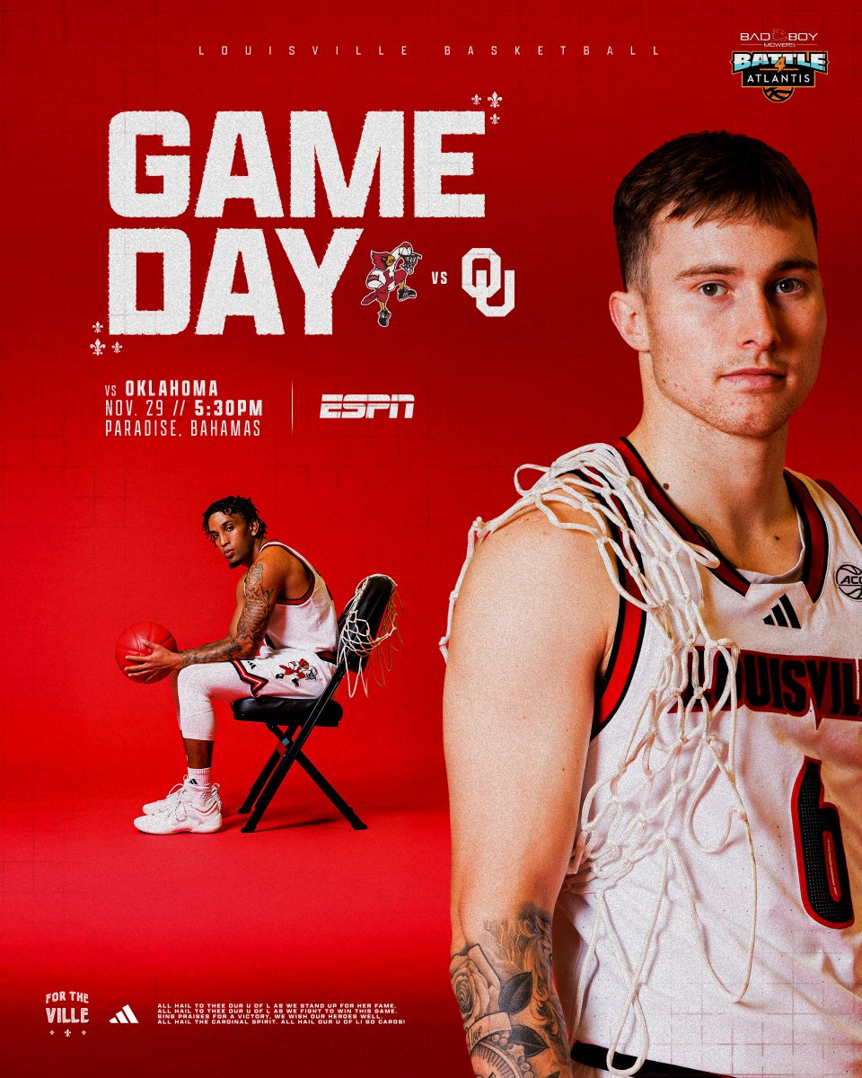 Louisville Men's Basketball (@louisvillembb) on Twitter photo Let's play for a championship.
๐ Bahamas
๐ 5:30 p.m.
๐บ ESPN
๐ป uofl.me/MBKWatch7
๐ uofl.me/B4AStats
๐ป uofl.me/MBKListen7
๐๏ธ <a href="/939TheVille/">939TheVille</a>
๐ด <a href="/B4AOfficial/">Battle 4 Atlantis</a> Championship
#GoCards Let's play for a championship.
๐ Bahamas
๐ 5:30 p.m.
๐บ ESPN
๐ป uofl.me/MBKWatch7
๐ uofl.me/B4AStats
๐ป uofl.me/MBKListen7
๐๏ธ <a href="/939TheVille/">939TheVille</a>
๐ด <a href="/B4AOfficial/">Battle 4 Atlantis</a> Championship
#GoCards