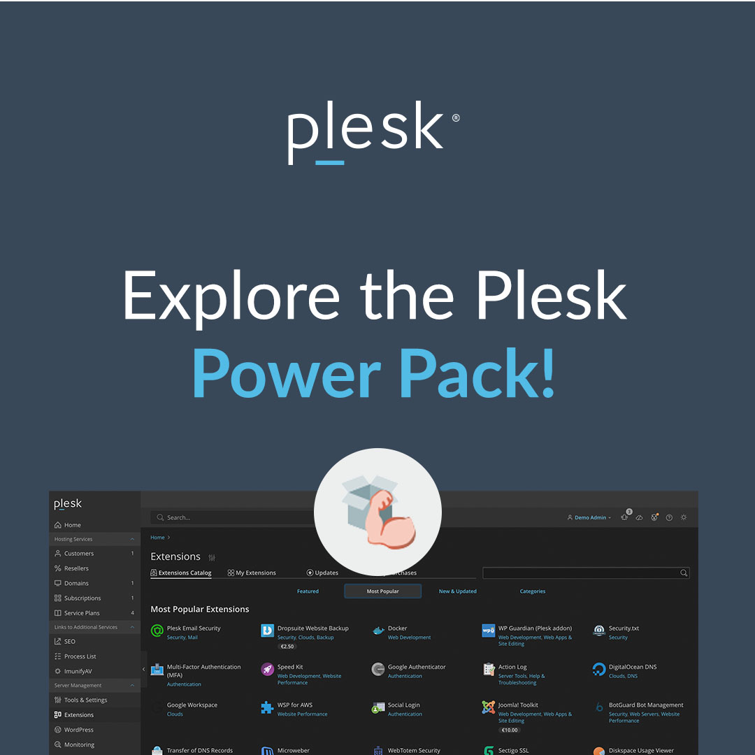 📈 Elevate your #Plesk game with the Power Pack! 
Gain powerful tools for performance, security &amp; site management, from WP Toolkit to Sophos Anti-Virus. 

Discover the full potential of your Plesk platform! b.link/wflua8wz

#PleskExtensions #ServerManagement