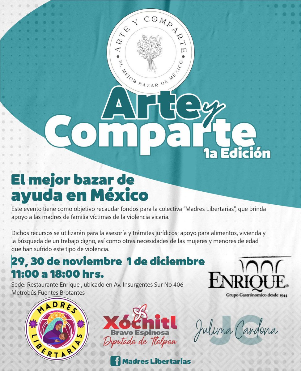 PODER CIUDADANO (@poderciudadtv) on Twitter photo ⭕️ INVITACIÓN ⭕️
Bazar en apoyo a las madres víctimas de #ViolenciaVicaria en México.
Asiste y apoya
📌 29,30 Nov y 1° Dic
⏰11 a 18 hrs.
📍 rest. Enrique <a href="/RESTAENRIQUE/">RESTAURANTE ENRIQUE</a>
<a href="/MadresLibresVV/">Madres Libertarias 💜🔥</a>
<a href="/XochitlBravoE/">Xóchitl Bravo</a>
<a href="/Congreso_CdMex/">Congreso de la Ciudad de México</a>
ARTE Y COMPARTE ⭕️ INVITACIÓN ⭕️
Bazar en apoyo a las madres víctimas de #ViolenciaVicaria en México.
Asiste y apoya
📌 29,30 Nov y 1° Dic
⏰11 a 18 hrs.
📍 rest. Enrique <a href="/RESTAENRIQUE/">RESTAURANTE ENRIQUE</a>
<a href="/MadresLibresVV/">Madres Libertarias 💜🔥</a>
<a href="/XochitlBravoE/">Xóchitl Bravo</a>
<a href="/Congreso_CdMex/">Congreso de la Ciudad de México</a>
ARTE Y COMPARTE