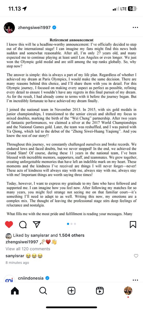 chitattooes's tweet photo. **BREAKING NEWS**

Zheng Siwei has announced his retirement.

The greatest male mixed doubles player in history, you will be missed…😭 https://t.co/Qhm2t8xKnU