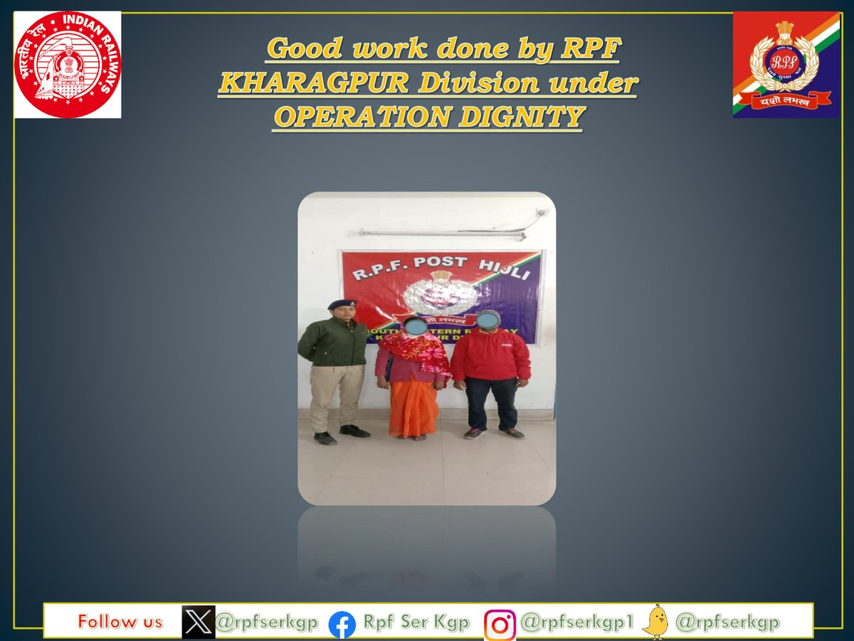 rpfserkgp's tweet photo. #RPFOPERATIONDIGNITY On Dt.28.11.24 Officer and Staff of RPF POST HIJLI Rescued 01 Female from HIJLI RLY STN. After proper identification &amp; verification said female handed over to her husband  in well &amp; sound condition.
@rpfser
@rpfpchij https://t.co/66rewuHS9W
