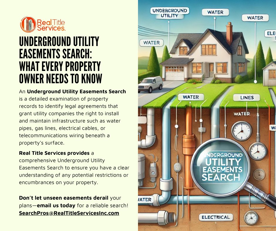 RealTitleServ's tweet image. 🕵Real Title Services ensures that our Underground Utility Easements Search reveals critical utility rights and restrictions.
📩SearchPros@RealTitleServicesInc.com
Serving over 3,000 counties with 20+ years of experience!
#TitleSearch #RealEstate #UtilitySearch #DocumentRetrieval