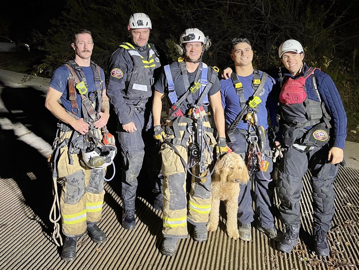 metrofirepio's tweet photo. This evening, Metro Fire was dispatched for a dog that went over the bluffs in Fair Oaks. Our closest boat, our Heavy Rescue team and our Unmanned Aerial Vehicle (UAV) team all came together to successfully rescue “Charlie”, a golden doodle mix.  Charlie was removed via a high angle technical rescue operation, and brought down to our boat on the river. Charlie was safely returned to his owner without injury and is currently getting a fresh bath and dinner with his owner.

A very Happy Thanksgiving for this family!