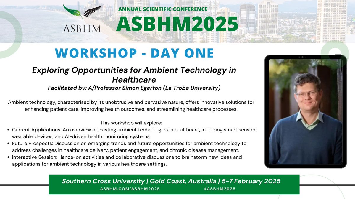 Australasian Society for Behavioural Health & Med (@asbhm1) on Twitter photo Attending #ASBHM2025 in February?
Make sure to register to attend our only workshop - Exploring Opportunities for Ambient Technology in Healthcare with A/Prof Simon Egerton (<a href="/latrobe/">La Trobe University</a>) 📲🛜
Only $20 for professional delegates and free for students!
👉asbhm.com/asbhm-2025-reg… Attending #ASBHM2025 in February?
Make sure to register to attend our only workshop - Exploring Opportunities for Ambient Technology in Healthcare with A/Prof Simon Egerton (<a href="/latrobe/">La Trobe University</a>) 📲🛜
Only $20 for professional delegates and free for students!
👉asbhm.com/asbhm-2025-reg…