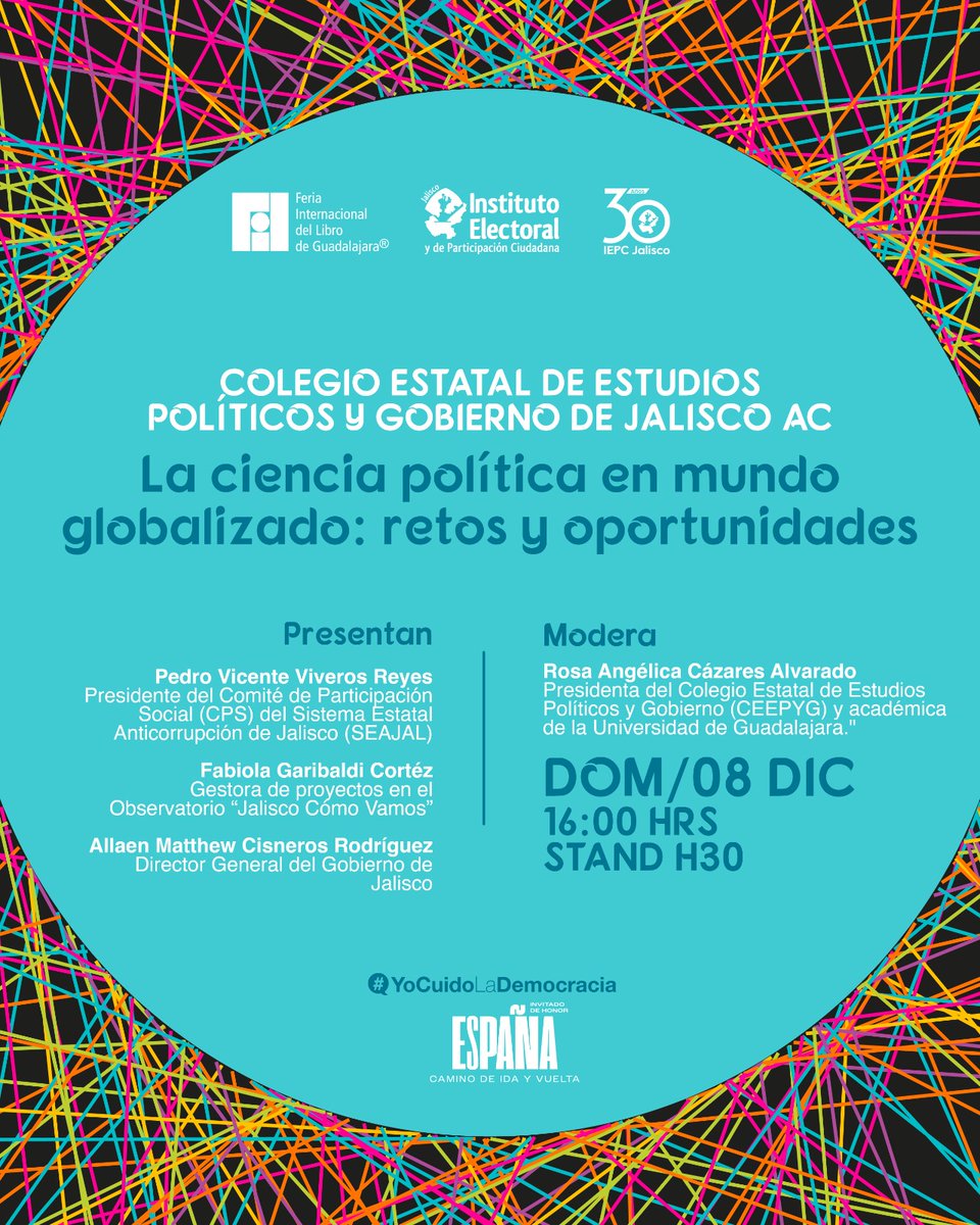 #AgendaFIL 
Panel sobre la #CienciaPolítica en un mundo #Globalizado: retos y oportunidades
Nuestra Presidenta <a href="/CazaresAngeli/">Angélica Cazares</a> modera 
Presentan <a href="/pviveros/">Vicente Viveros</a> <a href="/FabiGaribaldi/">Fabi Garibaldi</a> <a href="/15_matthew/">Alan Matthew Cisneros</a>
Agradecimiento especial al <a href="/iepcjalisco/">IEPC Jalisco</a> por el espacio
Dic/08/2024 16:00 <a href="/FILGuadalajara/">FIL Guadalajara</a>
#SomosEPG
