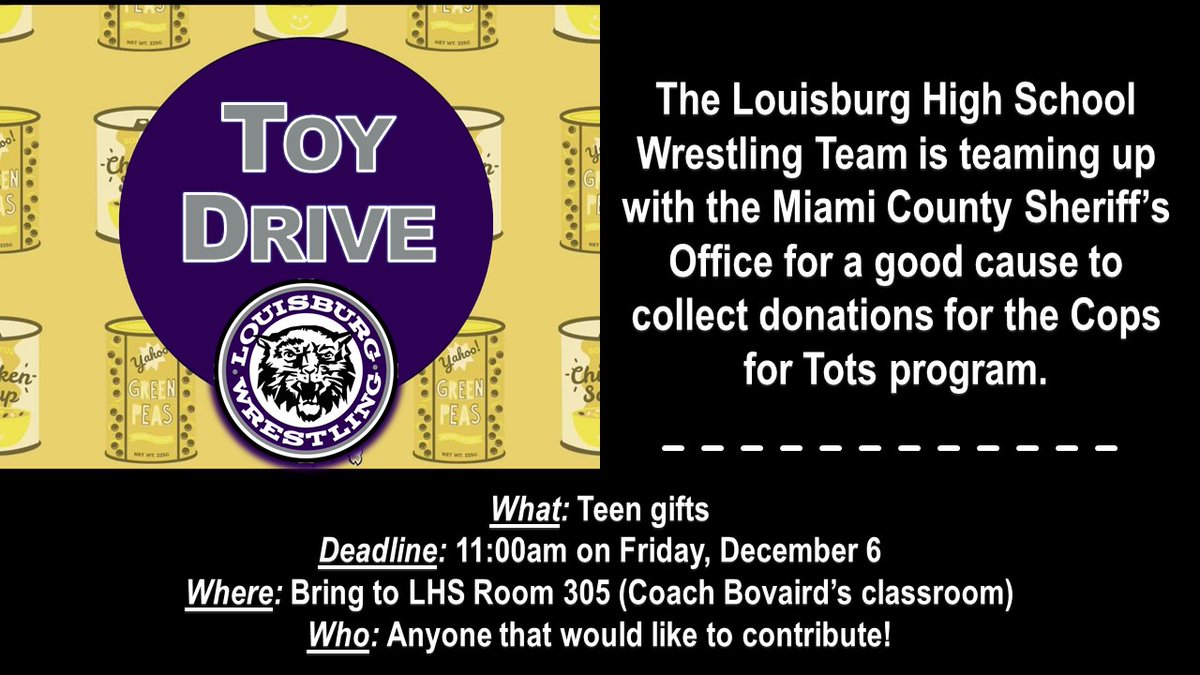 🎁 Help LHS Wrestling give back! We’re teaming up with the Miami County Sheriff’s Office for the Cops for Tots Toy Drive.

📍 Drop off brand-new teen gifts at LHS Room 305 by 11:00 AM on 12/6.

Let’s hit our goal: 5 gifts per wrestler. You can make a difference! 💜

#CopsForTots