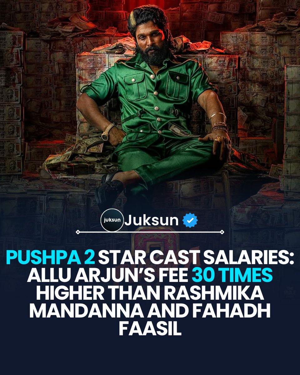 juksuncom's tweet photo. Pushpa 2 Star Cast Salaries: Allu Arjun’s fee 30 times higher than Rashmika Mandanna and Fahadh Faasil 

#Pushpa2 #Pushpatherule #AlluArjun #RashmikaMandanna #FahadhFaasil 
Read more: https://t.co/EjrYw2qQbd https://t.co/3G3euLmTmY