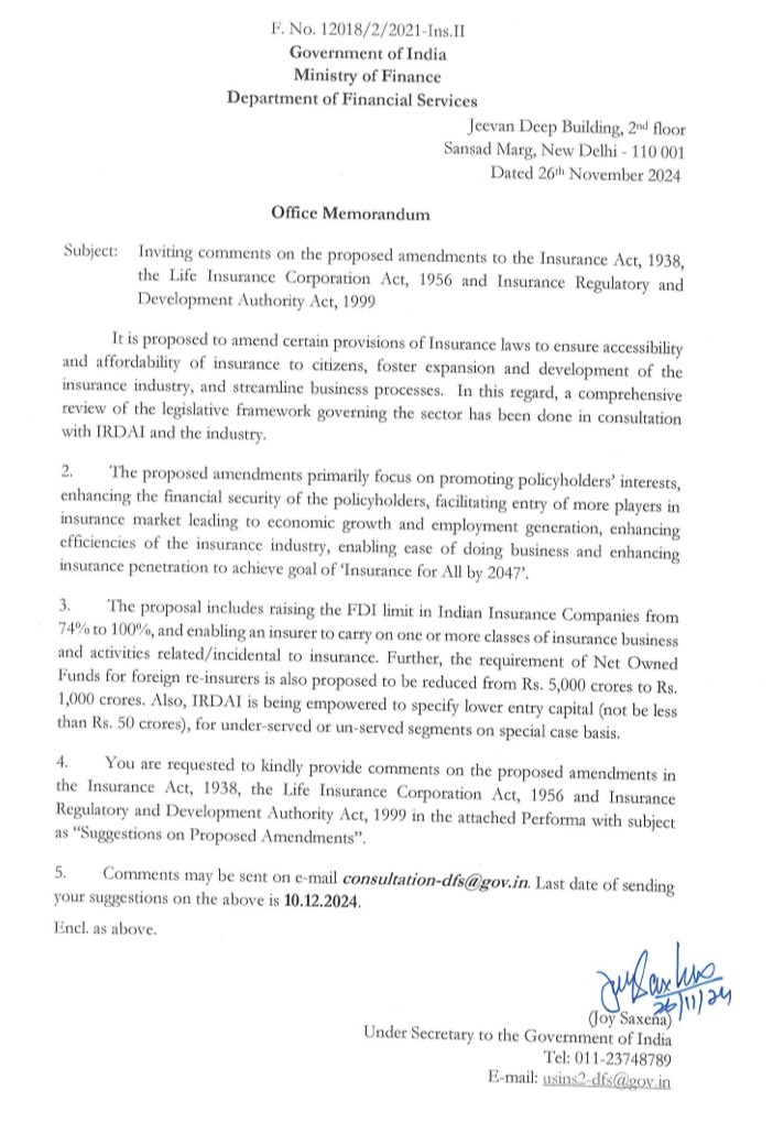 RoyLakshman's tweet image. insurance sector में 100% विदेशी निवेश(FDI) की तरफ़ वित्त मंत्रालय ने कदम बढ़ा लिया है । इस प्रस्ताव पर 10 December तक लोगों की राय माँगी है। साथ में और भी कई अहम बदलाव का प्रस्ताव है ।
#FDIinInsurance 
#insurance 
@FinMinIndia @DFS_India 
@CNBC_Awaaz