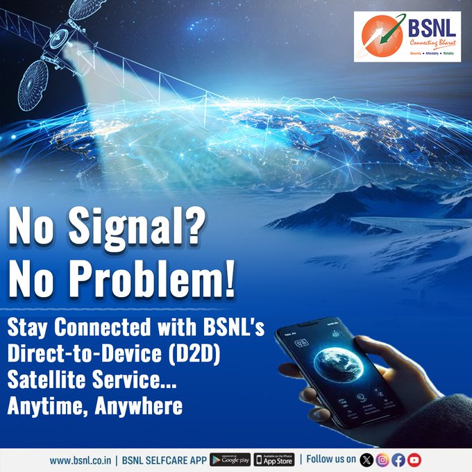 Manindrasingh98's tweet image. Experience the future of connectivity with BSNL D2D Satellite Service offers reliable, high-speed internet, even in the most remote areas.   

#BSNL #D2D #SatelliteService #StayConnected #BSNLIndia #BSNLAP