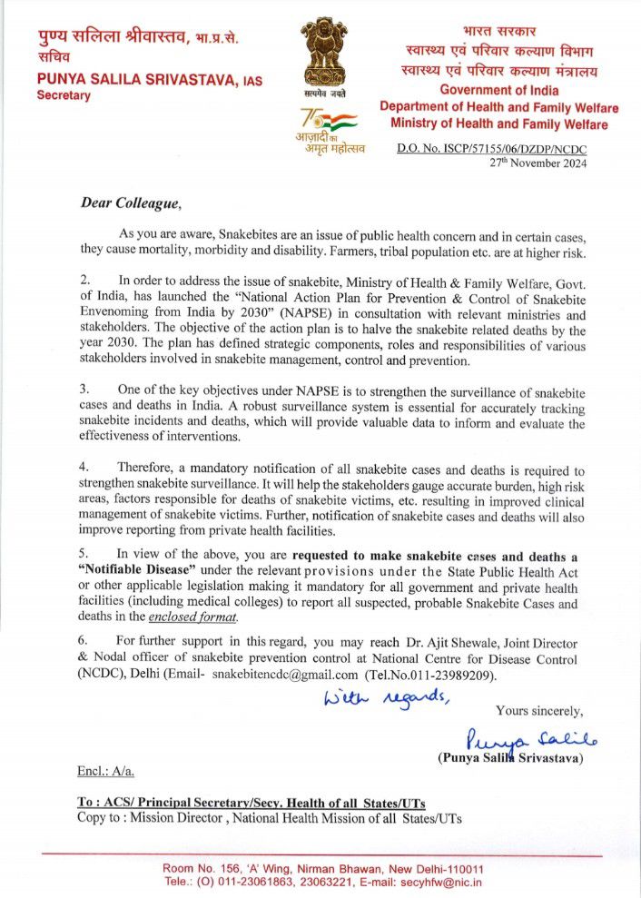 Dr. Divyesh B Mundra 🇮🇳 (@mundra08) on Twitter photo Snakebites (including suspected bites) are NOW a notifiable disease in India 🇮🇳 :
✉️ ✍️ by <a href="/MoHFW_INDIA/">Ministry of Health</a> #Health Secretary to all States Principal Health Secretaries & MD, NHM, 27th Nov, 2024.
<a href="/doctorsoumya/">Soumya Swaminathan</a> <a href="/bhartiomesh/">Omesh Kumar Bharti</a>
<a href="/drsadanandraut/">Dr Raut Sadanand D</a> <a href="/himmatbawaskar/">Himmatrao Bawaskar</a> Snakebites (including suspected bites) are NOW a notifiable disease in India 🇮🇳 :
✉️ ✍️ by <a href="/MoHFW_INDIA/">Ministry of Health</a> #Health Secretary to all States Principal Health Secretaries & MD, NHM, 27th Nov, 2024.
<a href="/doctorsoumya/">Soumya Swaminathan</a> <a href="/bhartiomesh/">Omesh Kumar Bharti</a>
<a href="/drsadanandraut/">Dr Raut Sadanand D</a> <a href="/himmatbawaskar/">Himmatrao Bawaskar</a>