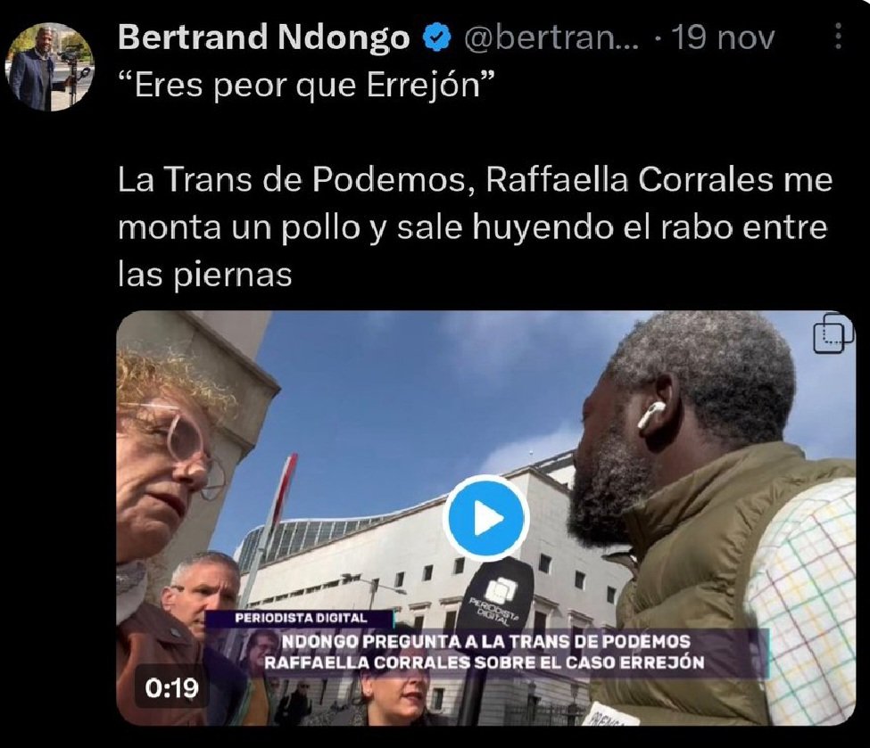 Todo nuestro apoyo y solidaridad  desde Podemos Argentina  con  la compañera <a href="/RaffaellaC11/">Raffaella Corrales Grande🏳️‍⚧️☂️⚧</a> .
Persecución, acoso, intento de humillarla y su machismo racista y xenofogo es digno de un ser  despreciable como <a href="/bertrandmyd/">Bertrand Ndongo</a>.
Basta ya de  fascistas que atentan contra los derechos