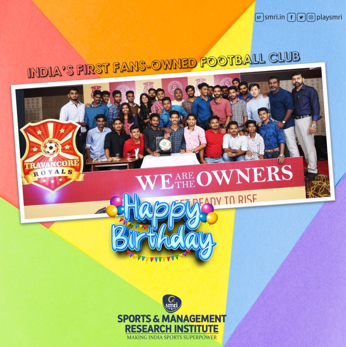 playsmri's tweet photo. Travancore Royals FC, India’s first fans-owned football club was born at SMRI Campus in 2018. From conceptualization to registration, SMRI students did everything. We thank our students who were involved in the formation of the Travancore Royals FC. We appreciate its owners https://t.co/ocTQqIVLWL