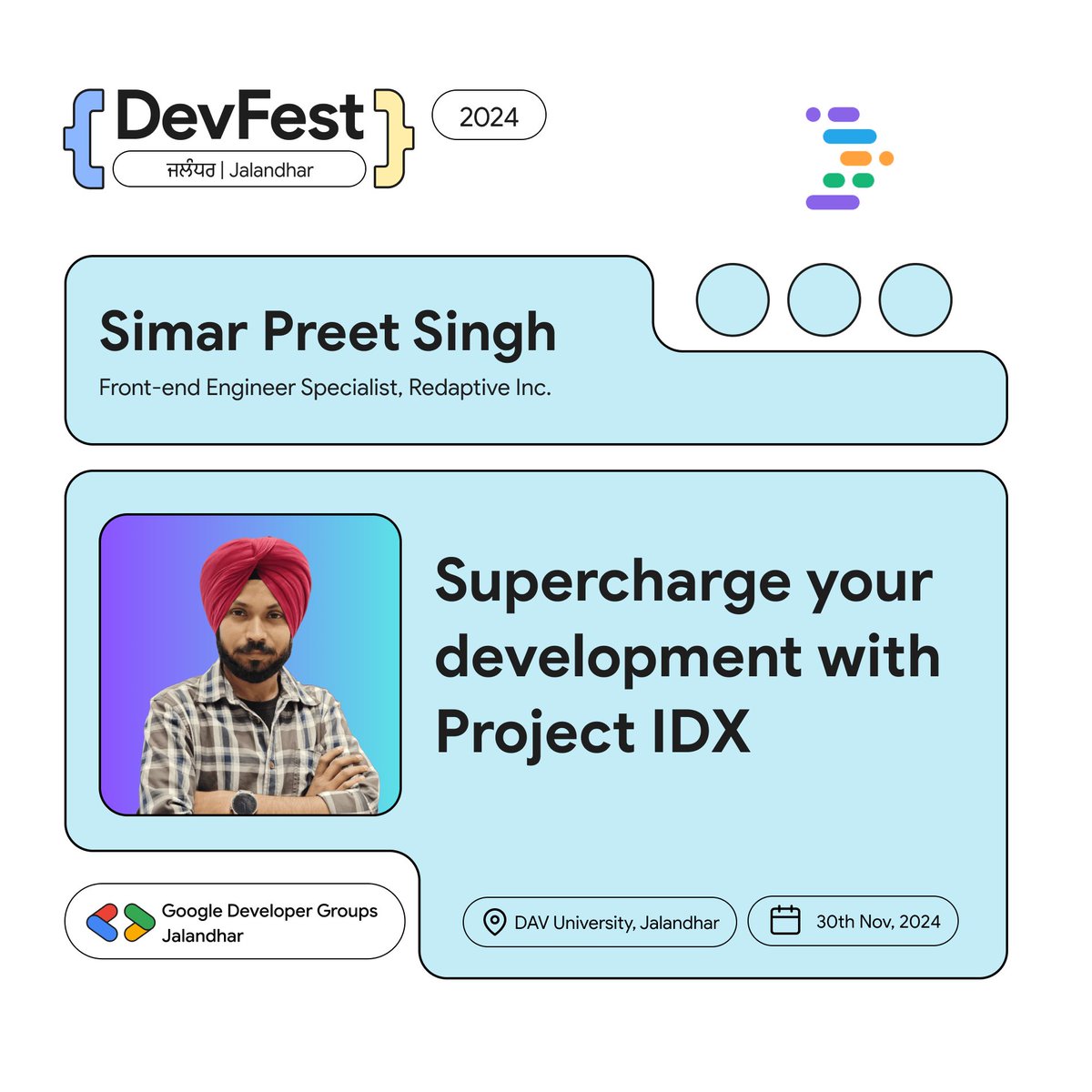 GDGJalandhar's tweet image. 🚀 Excited to have Simar Preet Singh, Front-end Engineer Specialist at #DevFestJalandhar to talk about "Supercharge Your Development with IDX" 💡
🔗 devfest.gdgjalandhar.com
#GDGJalandhar #IDX #FrontendDevelopment #TechCommunity #DevFest #Jalandhar #Chandigarh #Punjab
