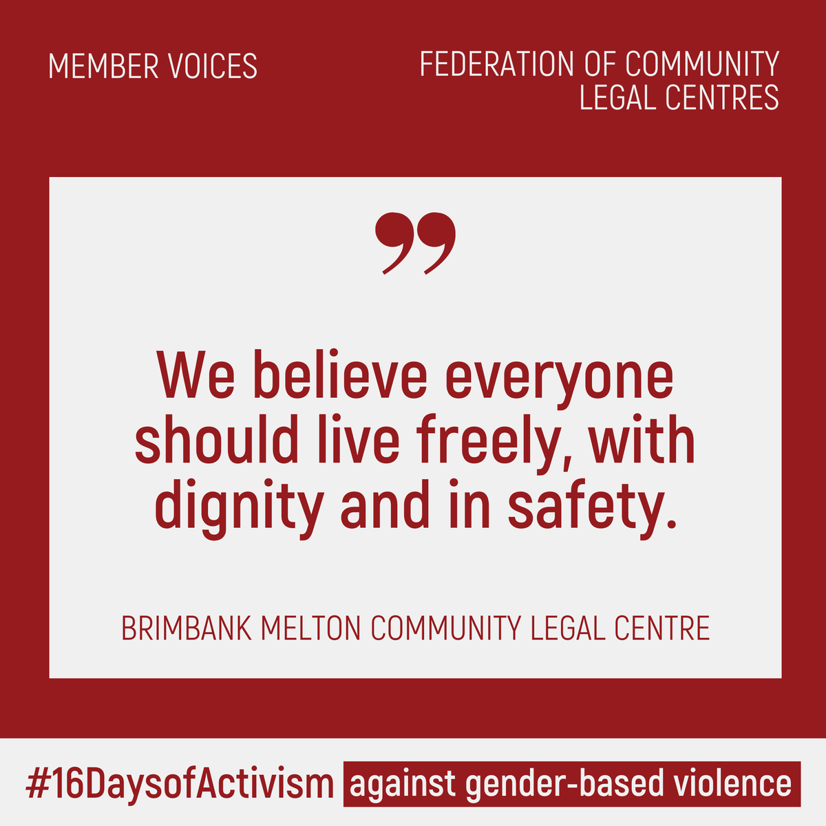 Brimbank Melton Community Legal Centre declare continued activism necessary so that everyone can access the right to live freely, with dignity and safety.
 
Today is Day 12 of the #16DaysofActivismAgainstGenderBasedViolence. Stay tuned for more member voices. <a href="/Comm_Unity_Plus/">commUnity+</a>