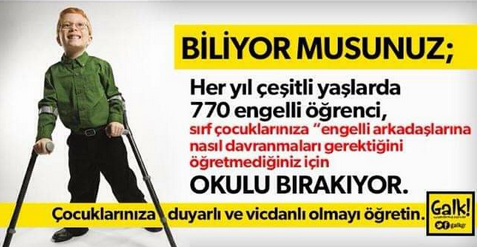 ogretmensitemiz's tweet photo. Anne-babalar lütfen dikkat!

Her yıl çeşitli yaşlarda 770 öğrencinin, sırf sizin çocuklarınıza 
"ENGELLİ ARKADAŞLARINA NASIL DAVRANMASI GEREKTİĞİNİ ÖĞRETMEDİĞİNİZ İÇİN" 
okulunu bırakıyor...
Çocuklarımıza; duyarlı olmayı, vicdanlı olmayı,
engelli arkadaşlarımıza nasıl davranılması gerektiğini, insanı sevmeyi öğretelim

FARKINDA OLALIM....