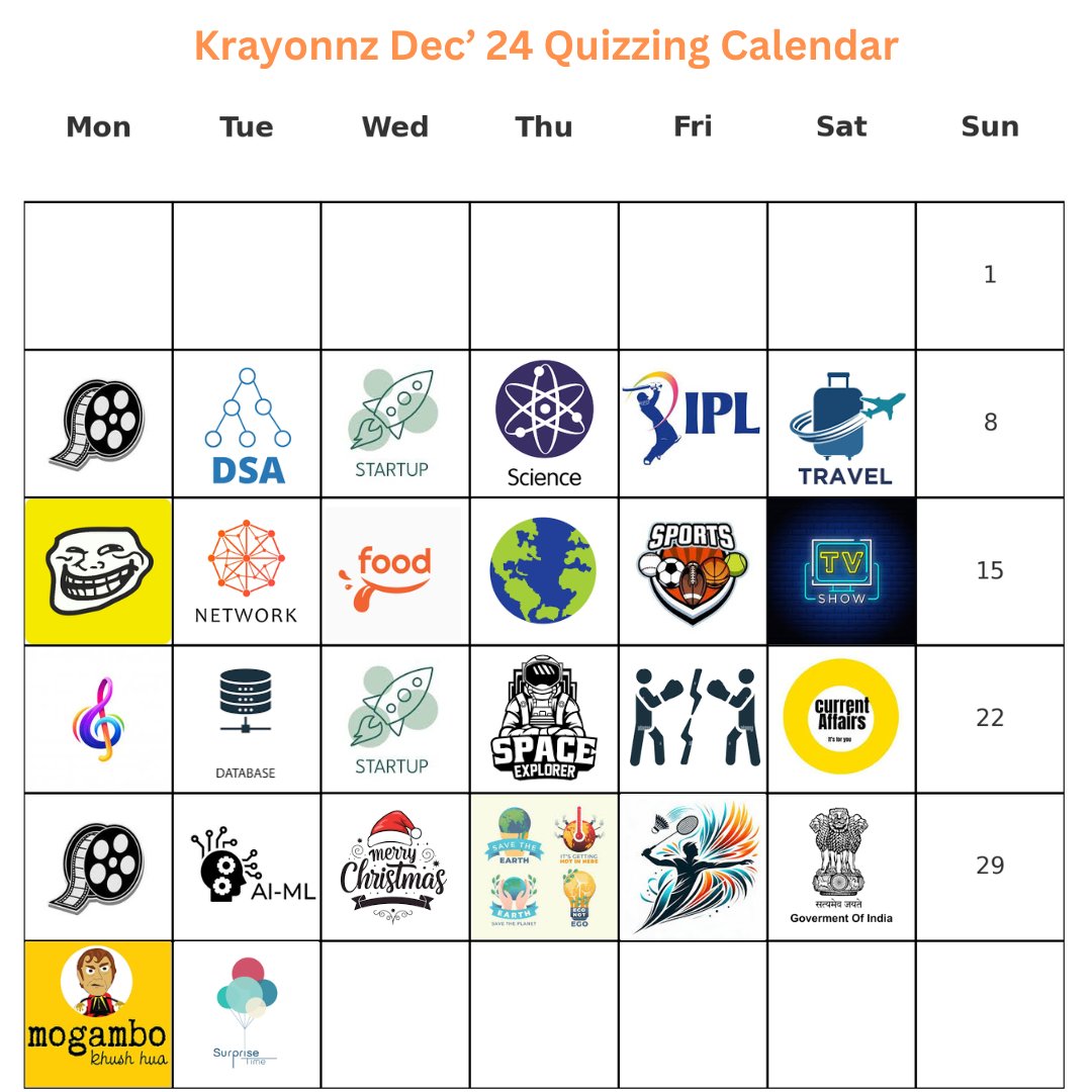 The December Quizzing Calendar is Live and it looks 🔥🔥🔥

Are you game for this? 💥 🚀

Comment the names of the quiz if you can guess so?

#quiz #funquiz #learn #krayonnz