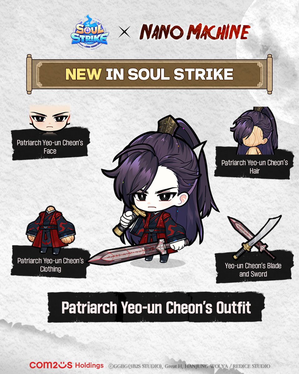 SoulStrike_EN's tweet photo. ⚔️NEW IN SOUL STRIKE⚔️

Masters! Check out the Patriarch Yeo-un Cheon's look!🔥

🔁Share if you love the new outfit!
5 lucky Masters will win rewards!🎁

📲https://t.co/TlEYsCe9wF

#SoulStrike #Update #Nanomachine #Crossover #Webtoon https://t.co/zx3ts9a28h