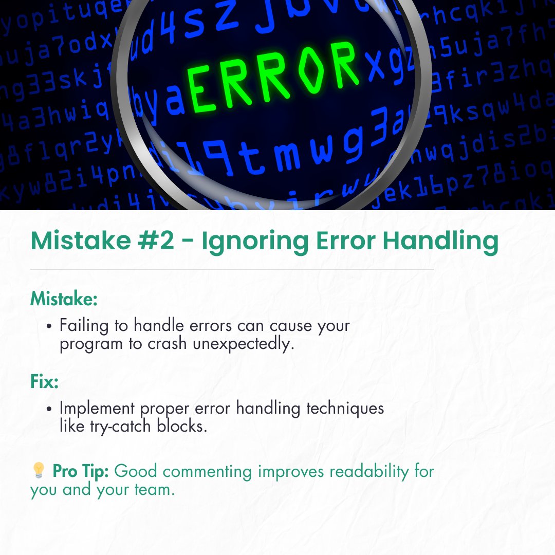 Gfee_work's tweet image. Every coder makes mistakes, but learning from them is key! Here are some common coding errors and how to avoid them. Improve your code with these simple tips! #codingmistakes #codetips #learnprogramming #beginnercoder #programmingtips #gfeework #codinglife #softwaredevelopment