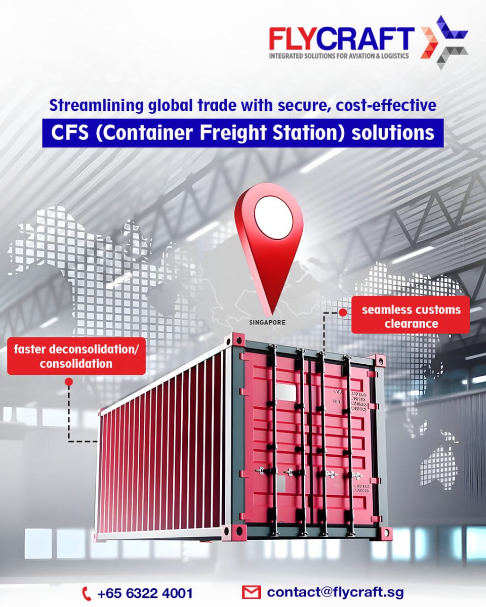 flycraftsg's tweet image. Discover our secure and cost-effective CFS (Container Freight Station) solutions, designed for seamless customs clearance and faster deconsolidation/consolidation. Serving your logistics needs from Singapore and beyond!

#Flycraft #CFSsolutions #GlobalLogistics #CustomsClearance