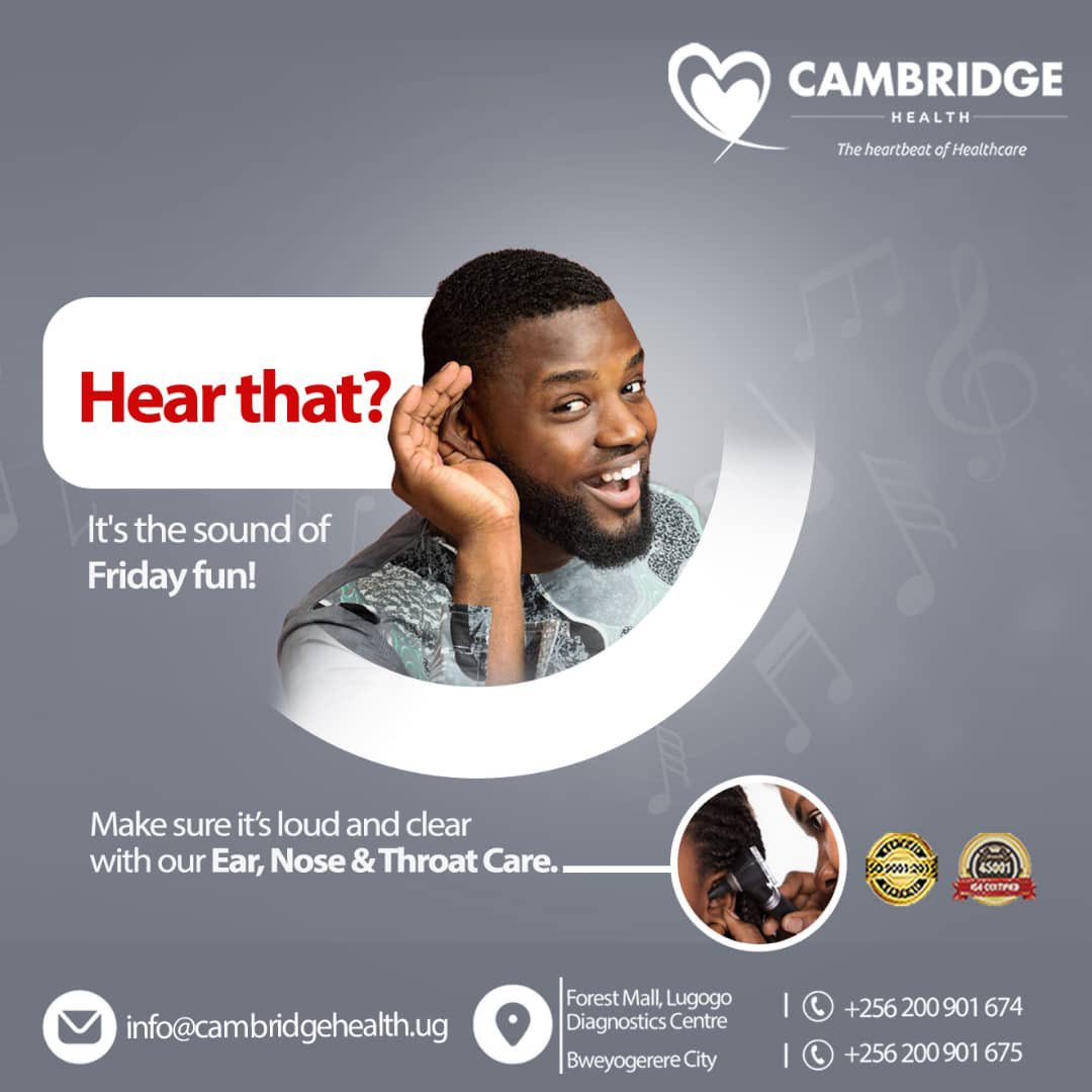 CHealthUG's tweet photo. When Friday fun calls, make sure you’re all ears! 
 
Our Ear, Nose &amp; Throat Specialists are here to keep you tuned in for all the weekend excitement. Visit us at Forest Mall, Lugogo Branch or Bweyogerere City Branch.
 
#TuliKululwo #ENTCheckUp https://t.co/IhOA6UFwx2