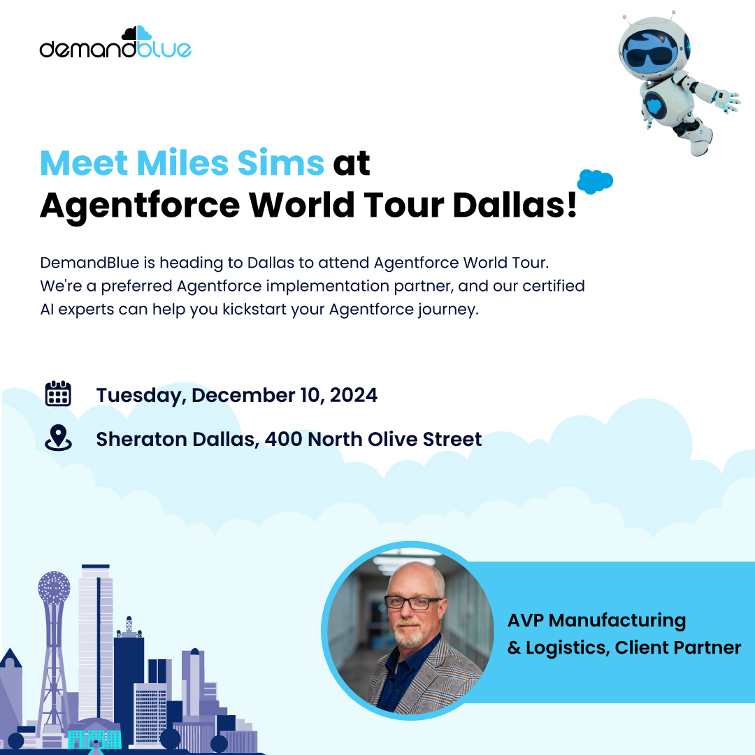 🌆 Our next stop for the Salesforce Agentforce World Tour is Dallas! 🤠

DemandBlue is proud to announce that our AVP of Manufacturing &amp; Logistics, Client Partner Miles Sims, will attend the event.

📅 Book your meeting now: calendly.com/salesforce-wor…