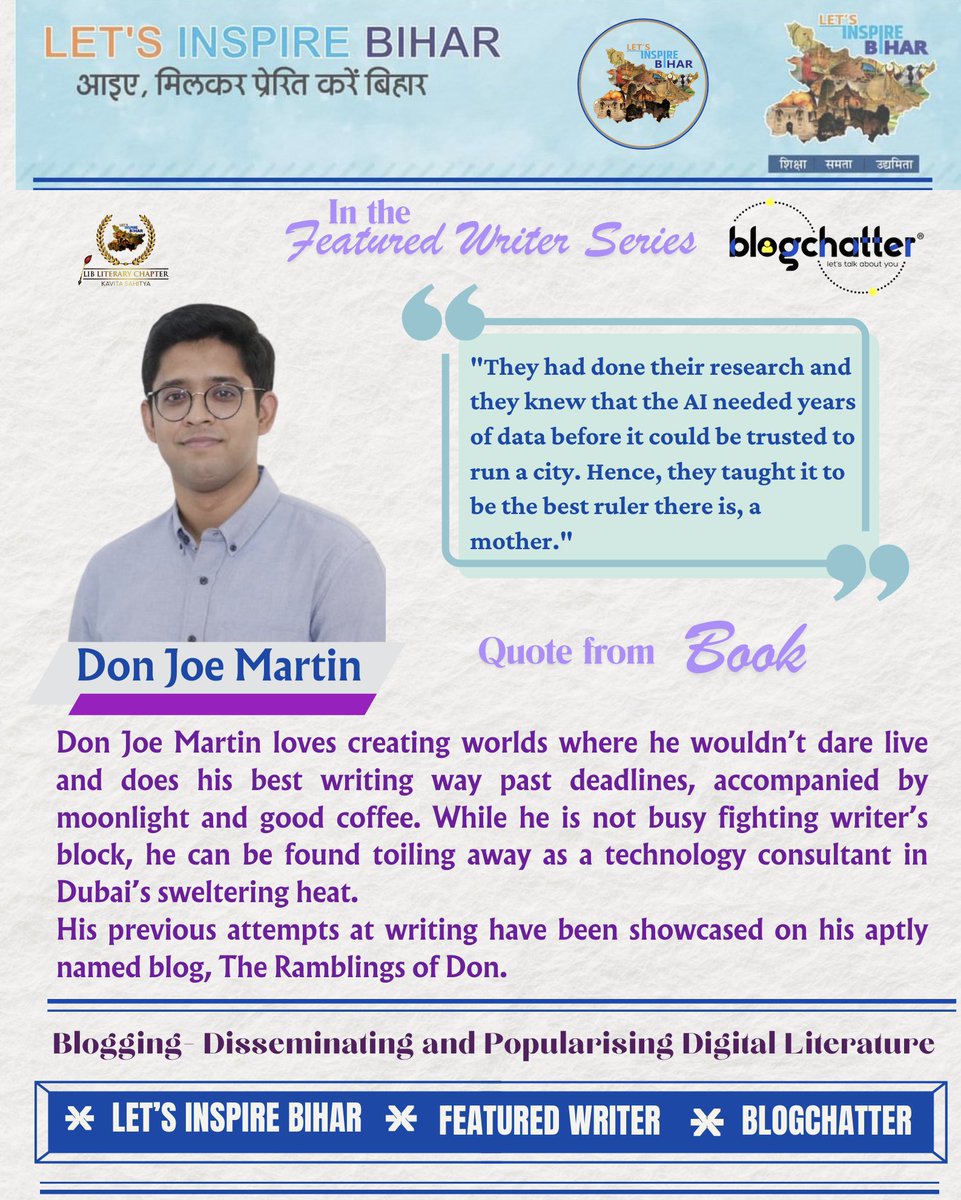 LIBLiterary's tweet photo. In the Special #FeaturedWriterSeries
“Blogging- Disseminating and Popularising Digital Literature”
Presenting the featured #Writer Don Joe Martin and his thoughts.
@lib_central
@vikasvaibhavips
@blogchatter @richa_singh @Writenlive1 https://t.co/3UiSu8nFop