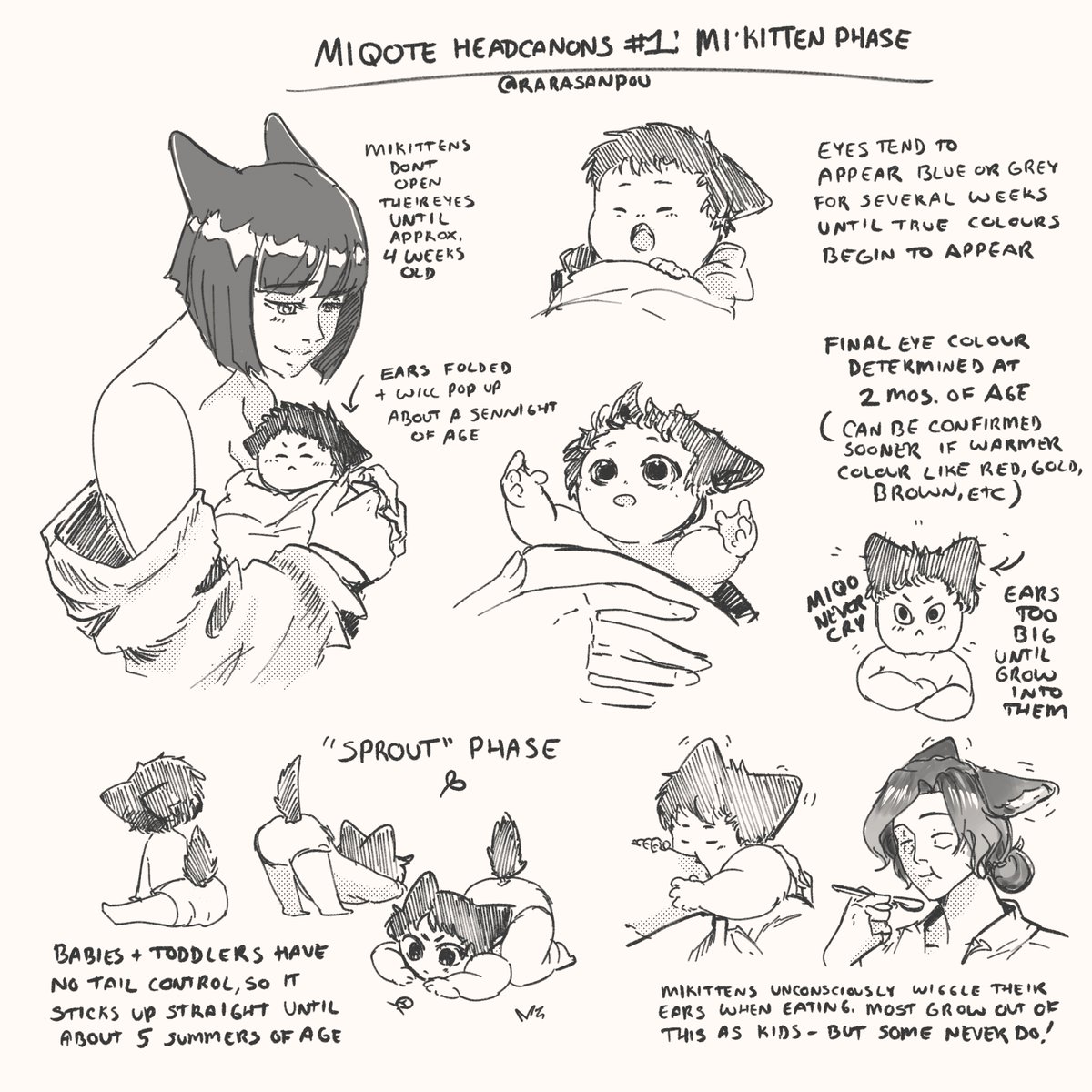 I wanted to draw out some of my personal headcanons for Miqo'te that I have, starting with "Mi-kittens"! These are just some fun things I like to think about, so maybe you all will like them too :&gt;