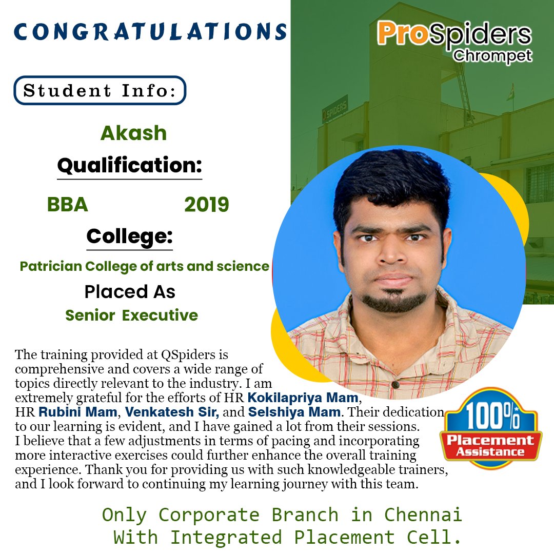 qspiderschromp1's tweet photo. Exciting News! 🎉
🎉Congratulations AKASH👏
We are thrilled to announce that one of our dedicated students has successfully secured a job after completing the Prospiders Banking course! 🚀💼✨
#Prospiders #BankingCourse #CareerSuccess #StudentAchievement #ProudMoment #DreamJob https://t.co/L78AD8qiBk