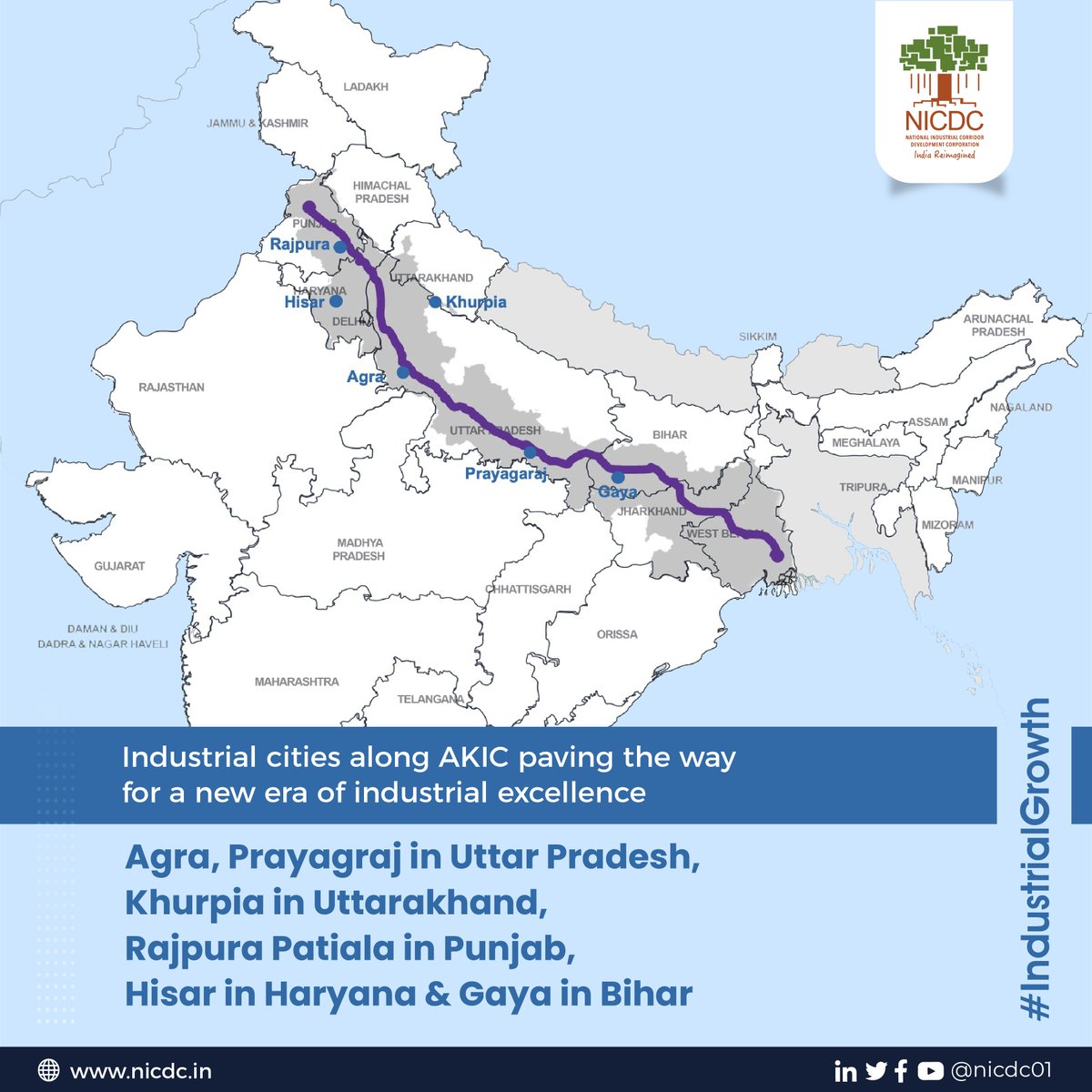 nicdc01's tweet image. #NICDC is spearheading the development of state-of-the-art Integrated Manufacturing Clusters #IMCs in #Agra and #Prayagraj in #UttarPradesh, #Khurpia in #Uttarakhand, #Rajpura Patiala in #Punjab, #Hisar in #Haryana and #Gaya in #Bihar, with an investment potential of INR 67.7 Cr.