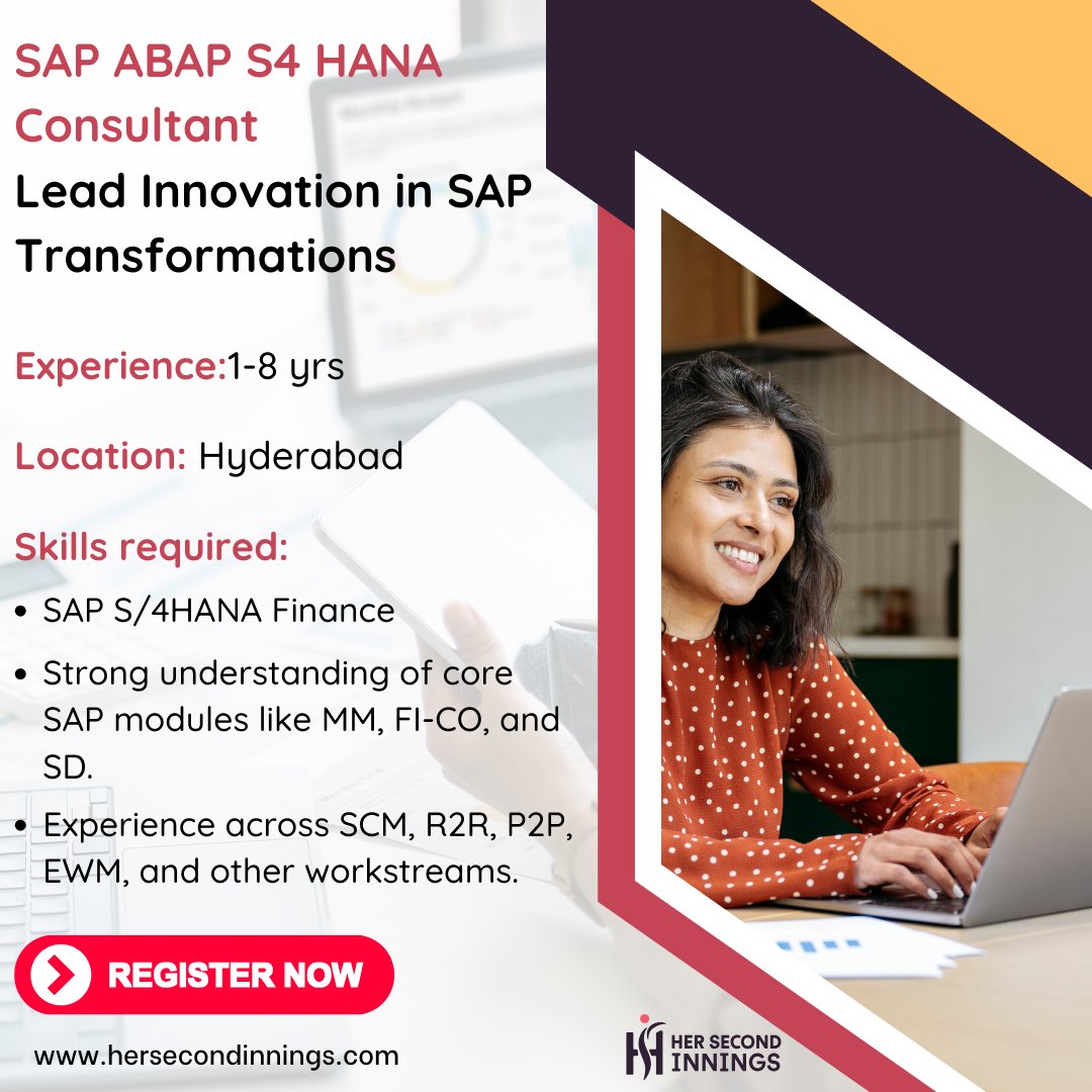 her2nd_innings's tweet image. 🚀 SAP ABAP S4 HANA Consultant – Lead Innovation in SAP Transformations! 🚀
Apply now and take the next step in your career!:hersecondinnings.com/job-details/?j…
#SAPABAP #S4HANA #SAPCareers #HyderabadJobs #Innovation #SAPConsultant #CareerGrowth