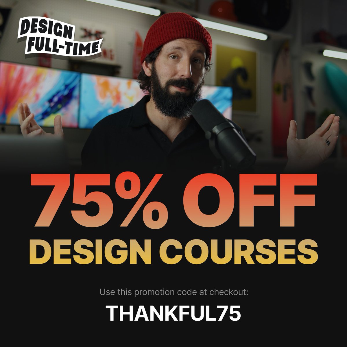DannPetty's tweet image. Designers! Get 75% off every design course on DesignFulltime.com for the next 24 hours.

At checkout use code:
THANKFUL75

Single Course = $37 (Originally $149)
All 5 courses = $99 (Originally $399)