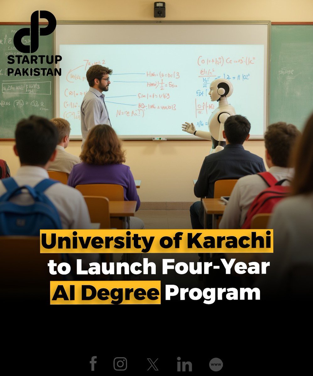 PakStartup's tweet image. The University of Karachi (KU) is set to introduce a four-year Bachelor's degree program in Artificial Intelligence (AI) under its Department of Computer Science.
#ArtificialIntelligence #UniversityOfKarachi #AIProgram #EducationInnovation