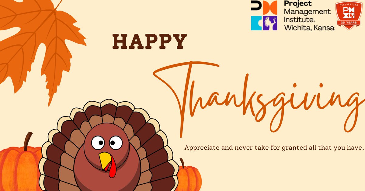 PMI_Wichita's tweet photo. Happy Thanksgiving from PMI Wichita! 🦃🍁

We are thankful for our incredible members, volunteers, and the vibrant project management community that makes our chapter thrive. Wishing you a day filled with gratitude and cherished moments with loved ones. #PMIWichita #thanksgiving https://t.co/n4eLWBTvex