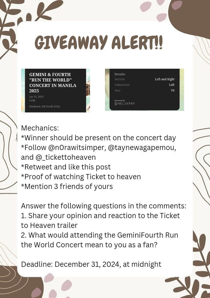 Giveaway Alert! <a href="/taynewagapemou/">ᶜⁱᵃˡᵘⁿᵃʳⁱᵃʰ🌙</a> and I have one (1) extra Gen.Ad ticket for the #GFRunTheWorldinManila, so we're hosting a giveaway as a thank you for GeminiFourth upcoming series, #TicketToHeaven! Read the mechanics below on how to join!

#GFRunTheWorldinManila